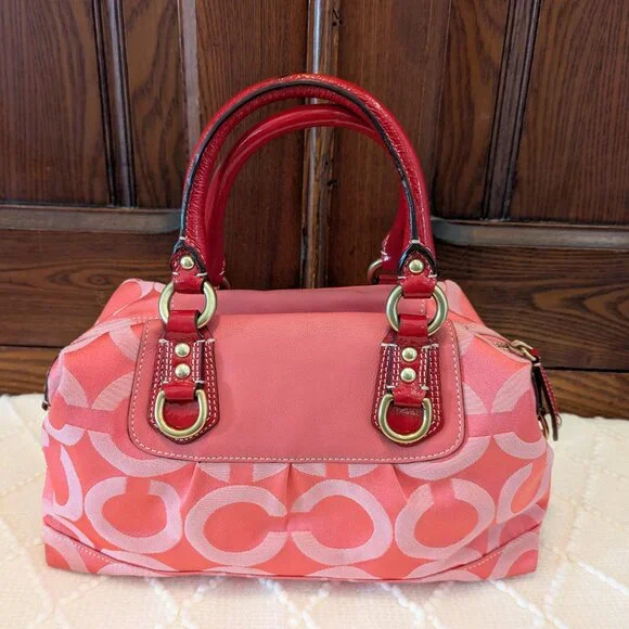 Coach Madison Sabrina Signature Pink Satchel with Red Patent Leather Trim. - Picture 3 of 16